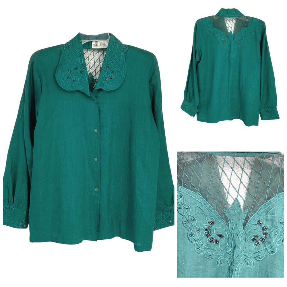 Vintage 1980's Dalin Sz M Green Art to Wear Blouse Beaded Mesh Embroidered Trim